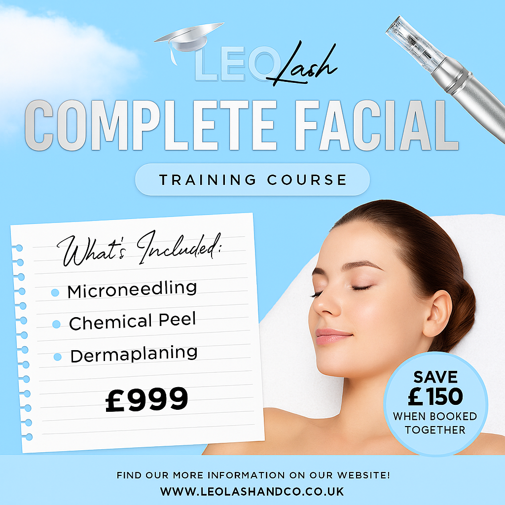 Promotional graphic for Leo Lash Academy’s Complete Facial Bundle Training. Includes Microneedling, Chemical Peel, and Dermaplaning certification. Accredited 2-day course with live demo, Clearpay option, and hands-on model practice.