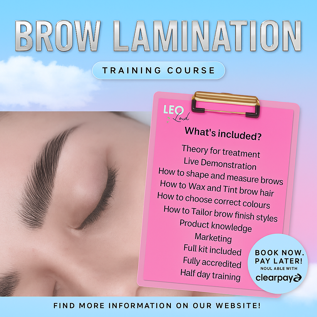 Promotional graphic for Leo Lash Academy's Brow Lamination Training Course, featuring a close-up of a laminated brow and a pink checklist of what's included, with chrome-style text and Clearpay availability