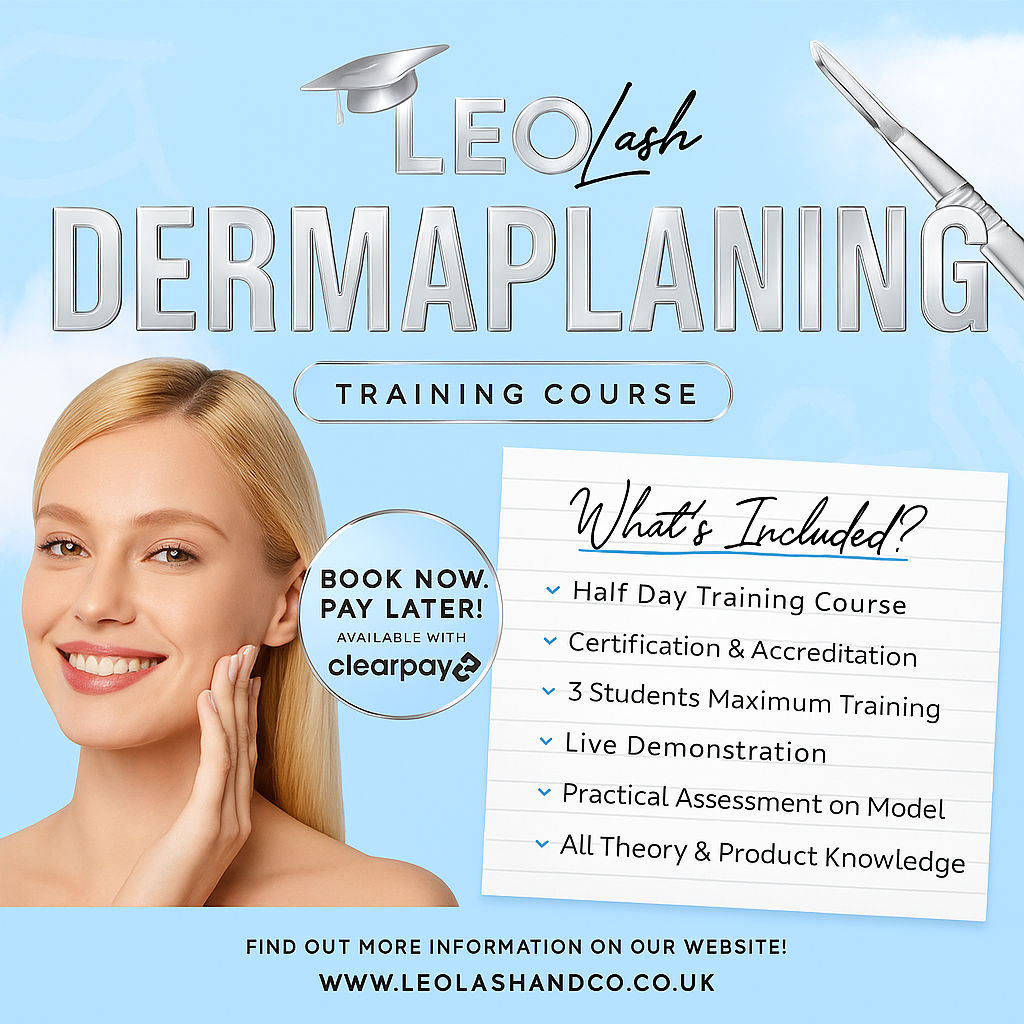 Promotional graphic for Leo Lash Academy’s Accredited Dermaplaning Training Course. Features half-day certification, live demonstration, hands-on model practice, Clearpay option, and beginner-friendly entry in a clean, chrome-themed design.